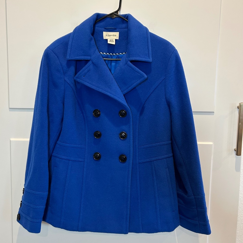 St Johns Bay Women Blue Double Breasted Peacoat Jacket Size‎ Medium Wool Blend